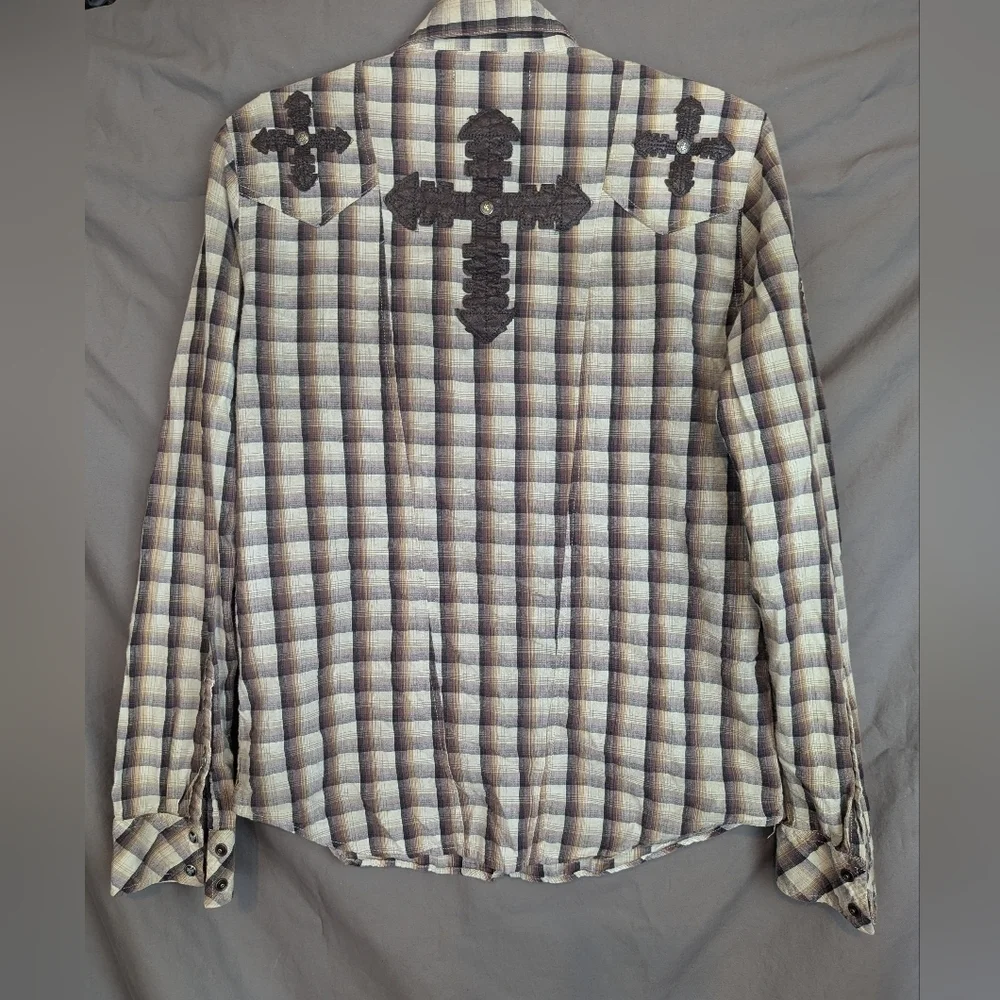 Remetee Small Plaid Cross Button Down Shirt Eagle Buttond - Picture 2 of 15